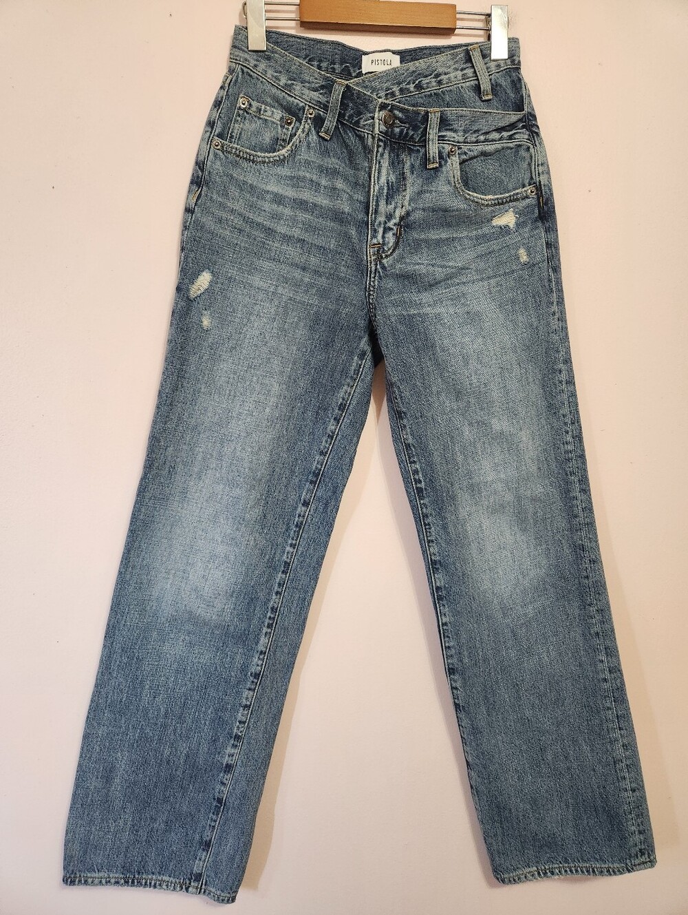 Pistola Bobbie Crossover Asymmetric Waist Distressed Wide Leg Jeans Sz 25 Y2K
